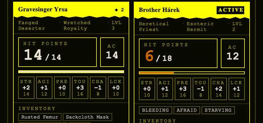 TOXIC skin: acid-yellow on black wall display with two character cards